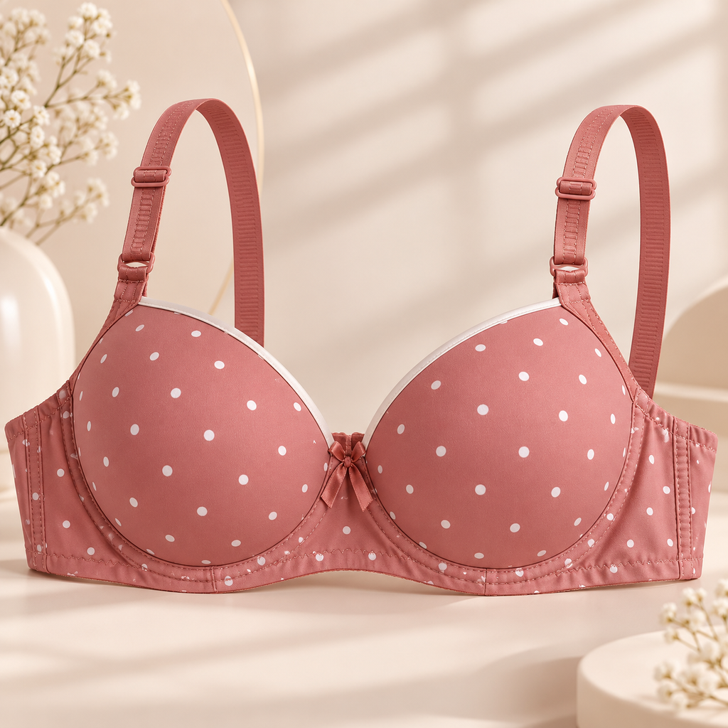 Dusty Rose Polka Dot White Support Bra – Padded Everyday Comfort Bra for Women A1-D1