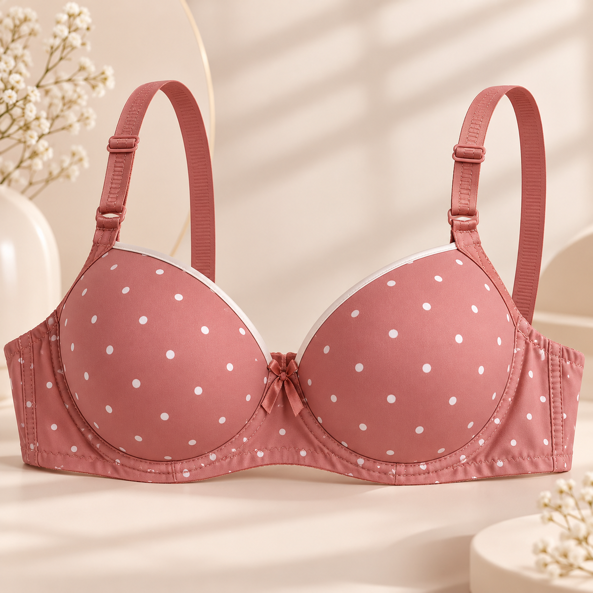 Dusty Rose Polka Dot White Support Bra – Padded Everyday Comfort Bra for Women A1-D1