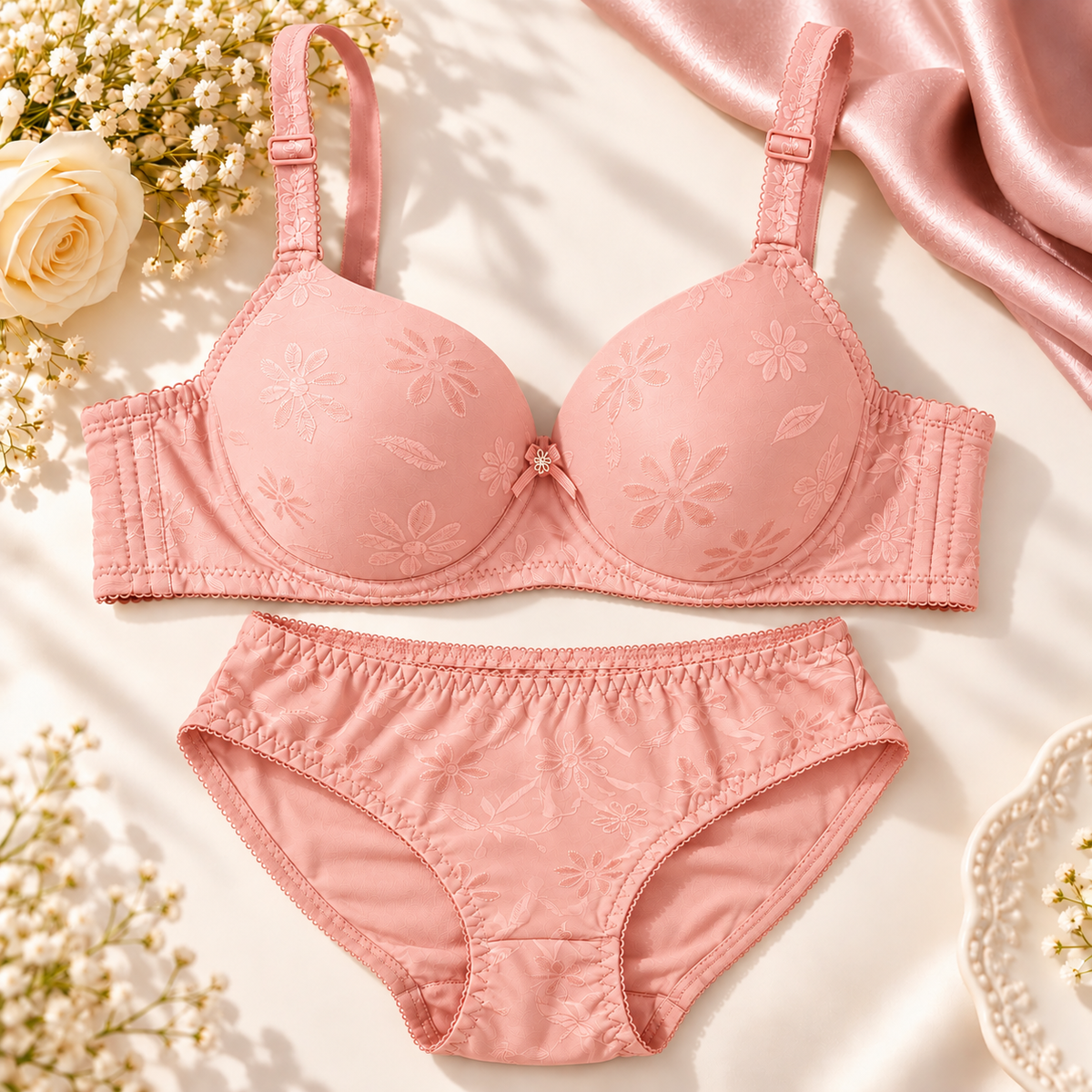 Bluebell Bloom Floral Padded Bra & Panty Set – Peach Pink