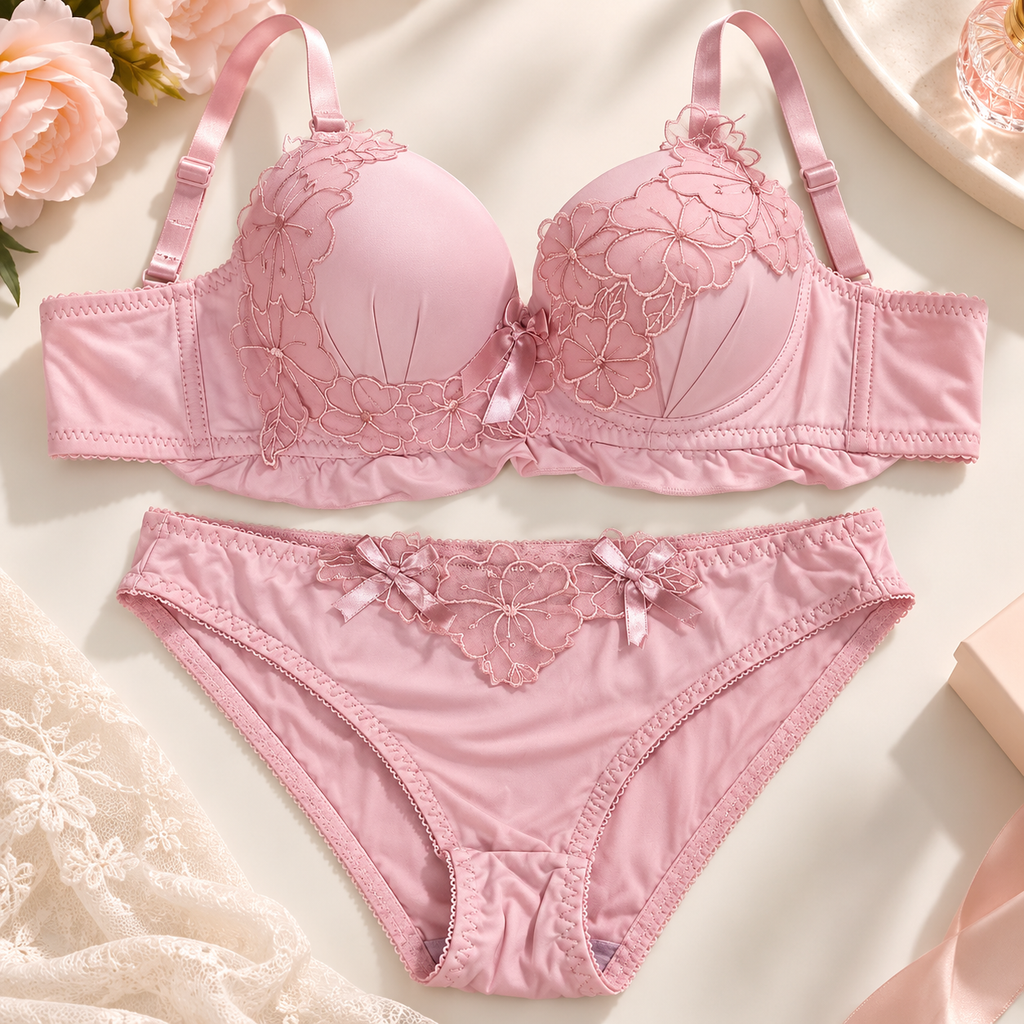 Floral Embroidered Padded Bra & Panty Set