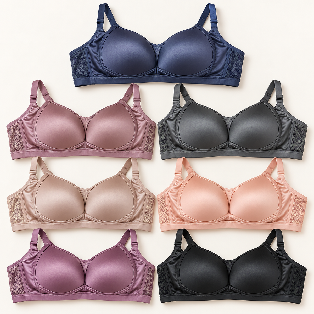 Smooth Satin Padded Wireless Bra with Breathable Mesh Sides