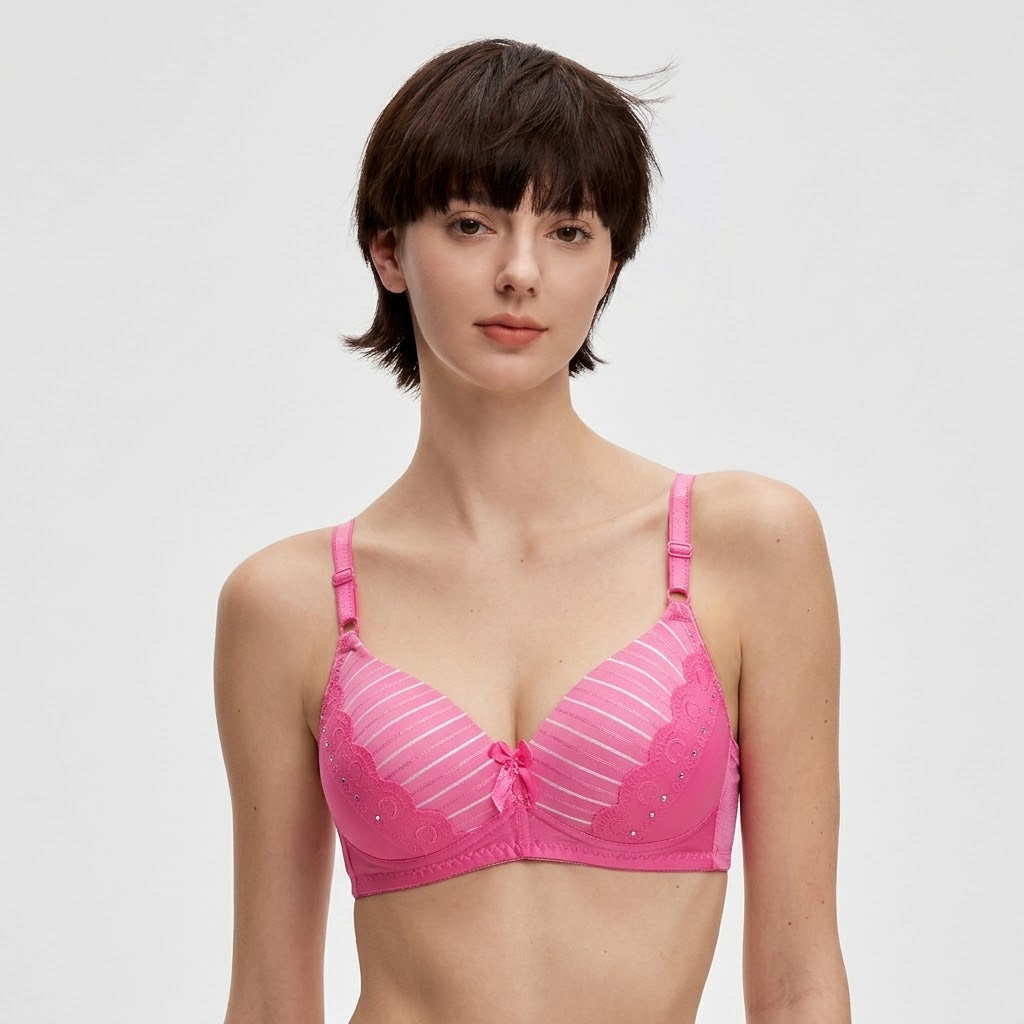 Striped Heart Lace Padded Bra with Rhinestone Details