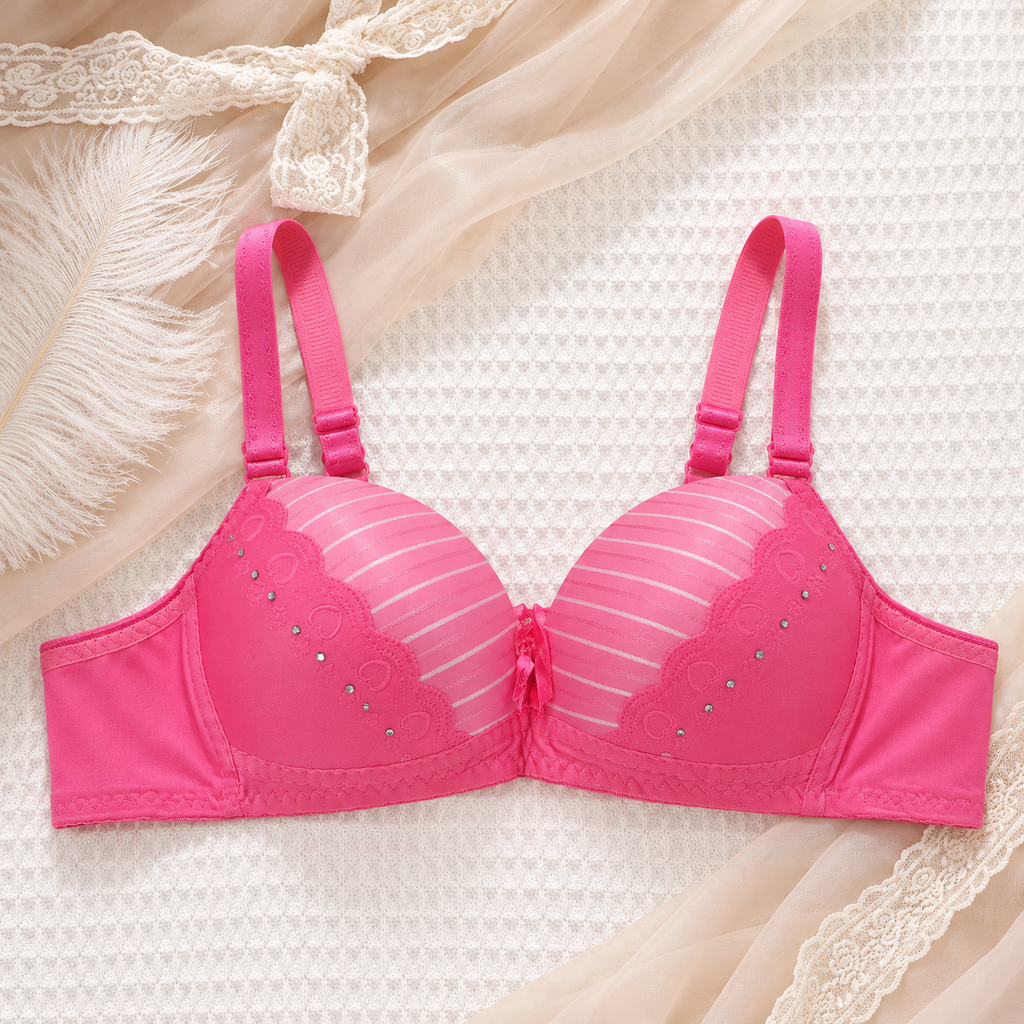 Striped Heart Lace Padded Bra with Rhinestone Details
