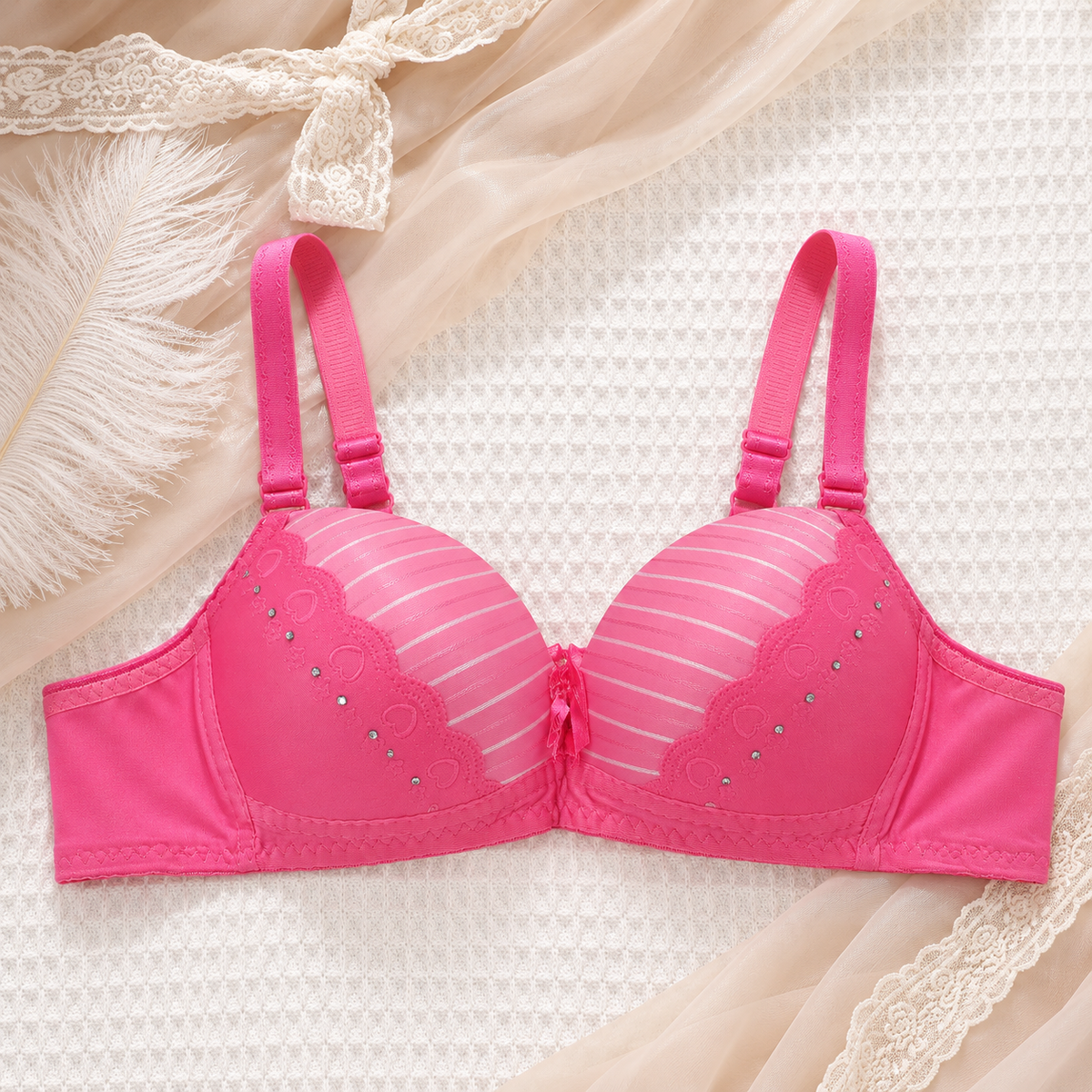 Striped Heart Lace Padded Bra with Rhinestone Details