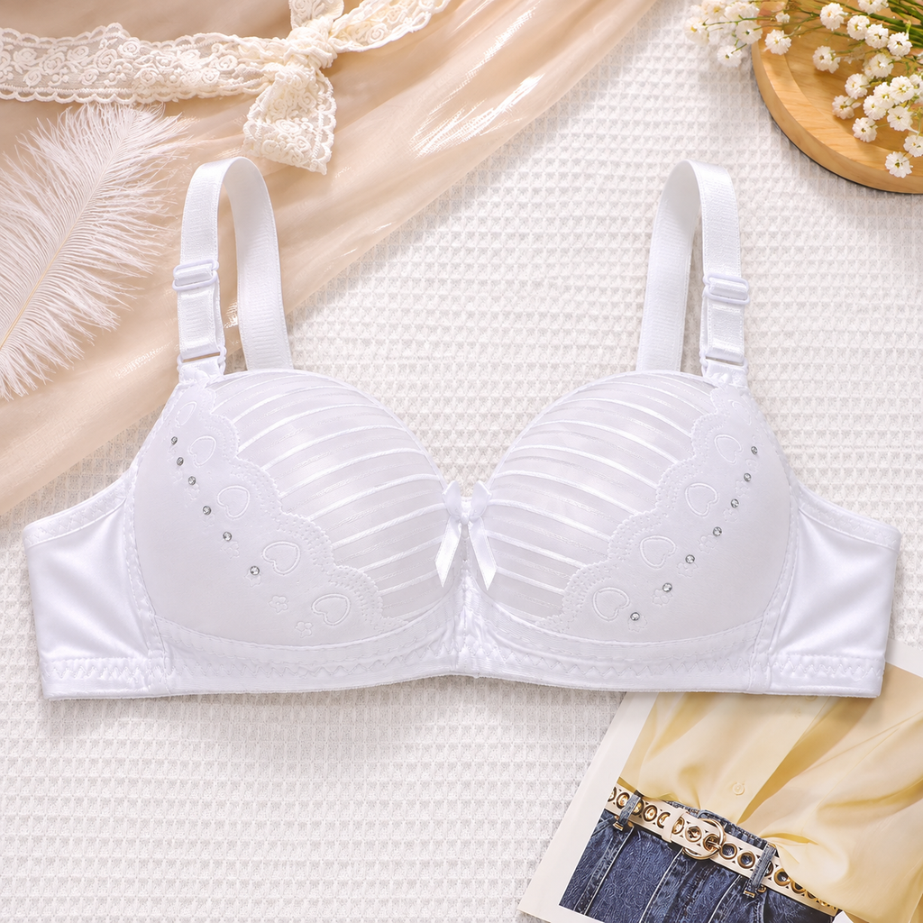 Striped Heart Lace Padded Bra with Rhinestone Details