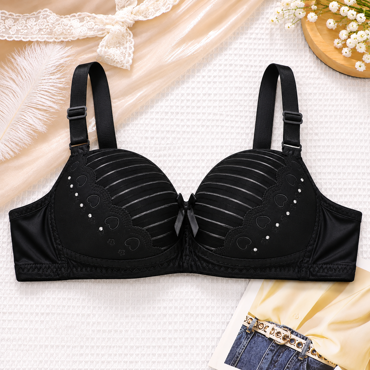 Striped Heart Lace Padded Bra with Rhinestone Details