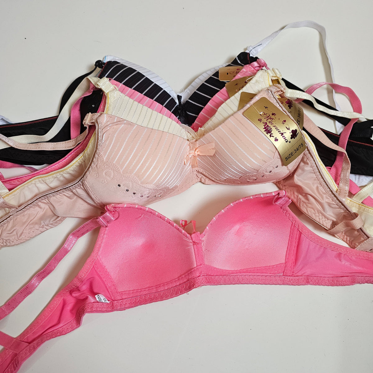 Striped Heart Lace Padded Bra with Rhinestone Details