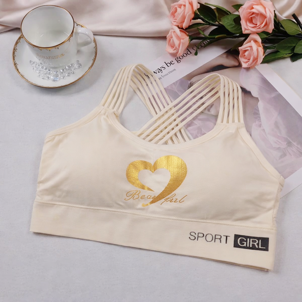 Beige sports bra with gold heart design Cream Color Padded Bra Pakistan 
