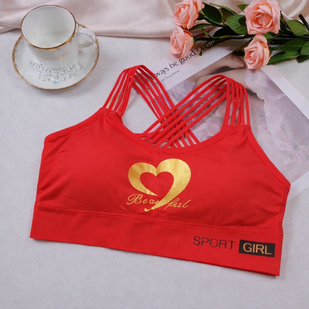 Red sports bra with gold heart design red padded bra Pakistan 