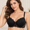 Black floral lace underwire bra with padded cups, adjustable straps, scalloped lace detailing, and 3-hook back closure.