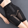 Black high-waist tummy control shapewear shorts worn by a female model, featuring front hook closure, floral lace panels, sheer mesh inserts, and lace-trimmed thigh hems.