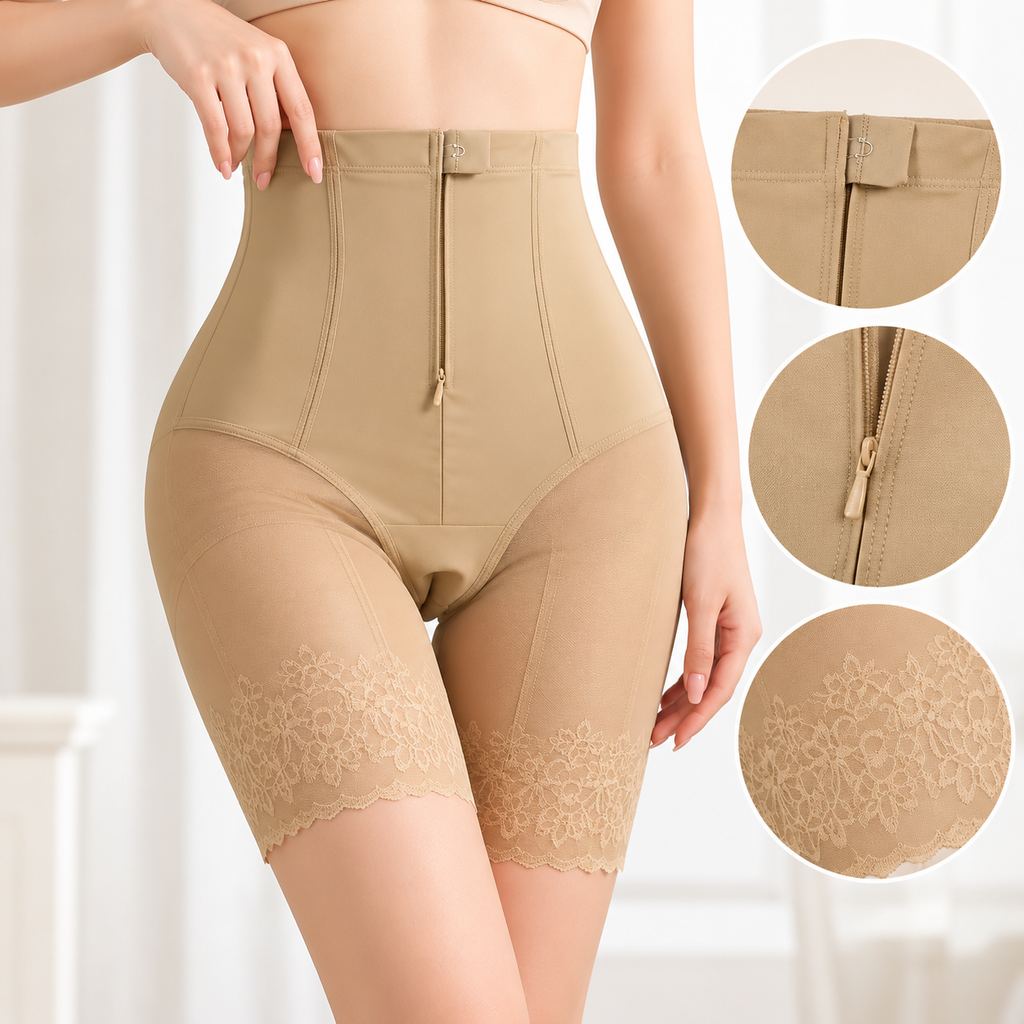 Skin-colored high-waist tummy control shapewear shorts worn by a female model, featuring a front zipper, hook closure, supportive shaping panels, and floral lace thigh hems.