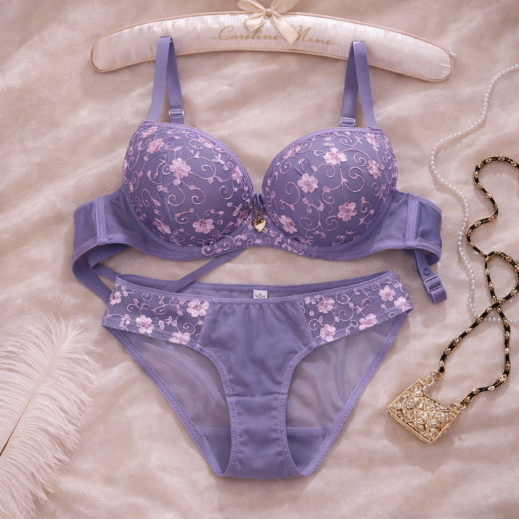 Luxurious Embroidered Bra Panty Set  - Dusty Lavender Padded Wired Bra Panty Set for Women Pakistan 