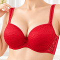 Red floral lace padded underwire bra worn by a female model, featuring adjustable shoulder straps, structured cups, and delicate floral lace detailing.