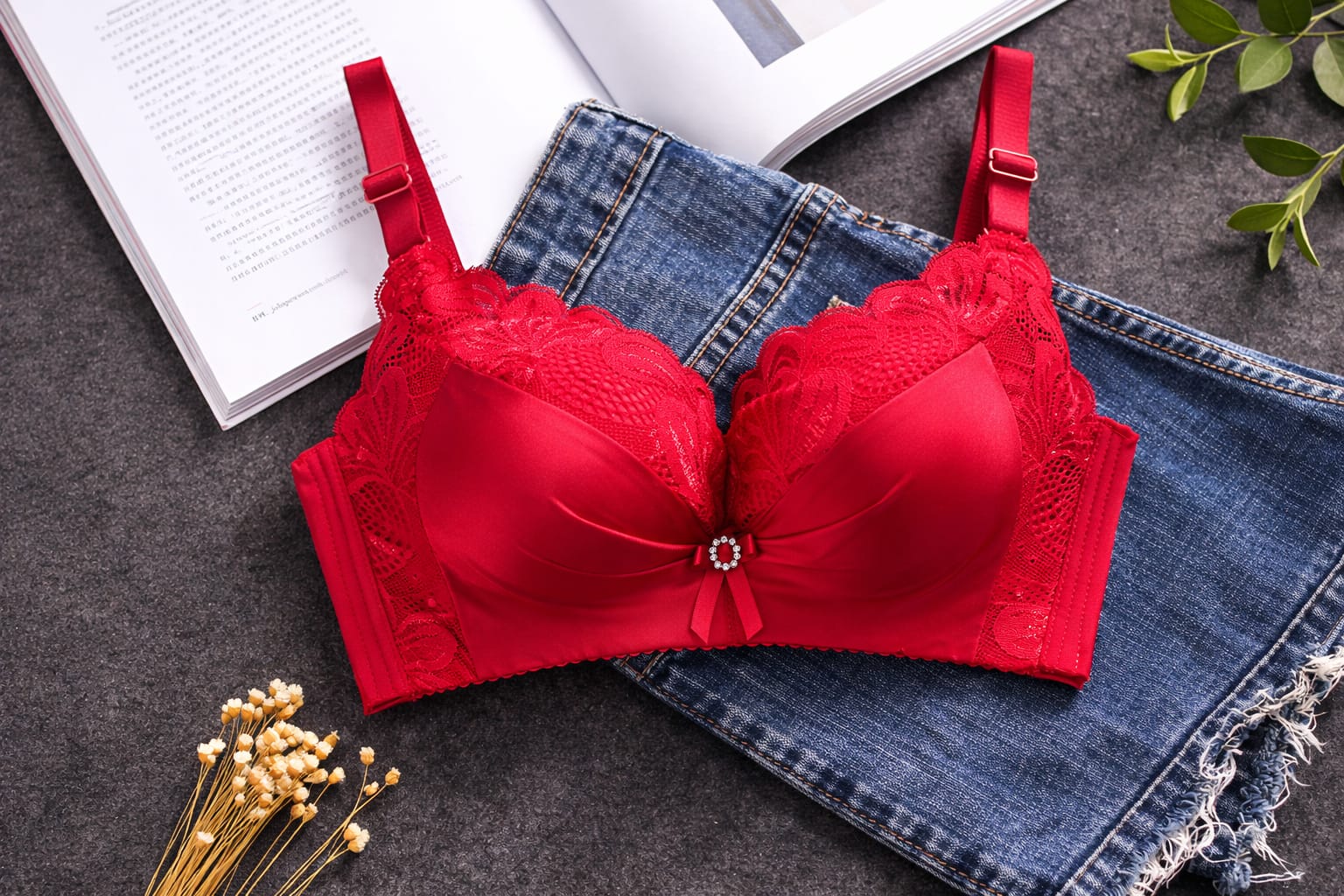 Red Silk Bra With Lace Details 456