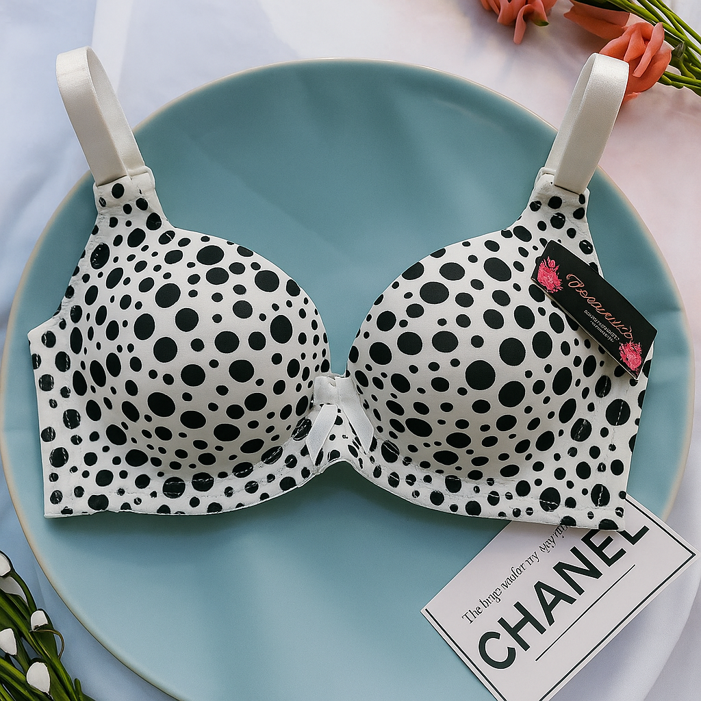 Black Polka Dot White Support Bra – Padded Everyday Comfort Bra for Women (403)