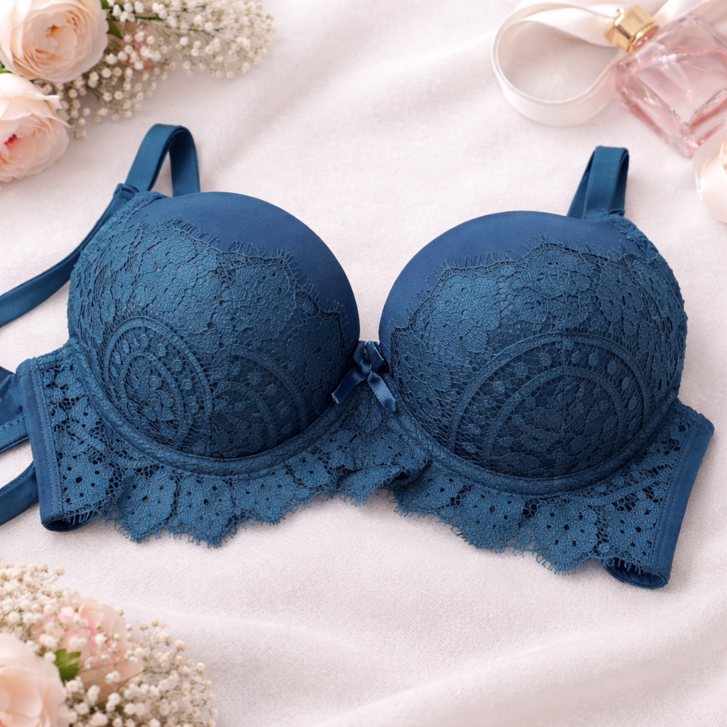 Deep Teal Lace Push Up Bra – Padded Underwire Floral Design for Women 431