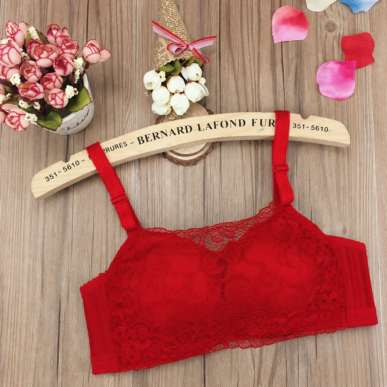 Lace Up Premium Floral Lace Wireless Bra – Red 456