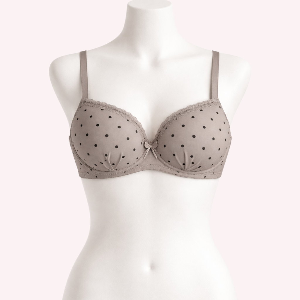 Chocolate Brown bra with black polka dots wired bra for daily wear in Pakistan 