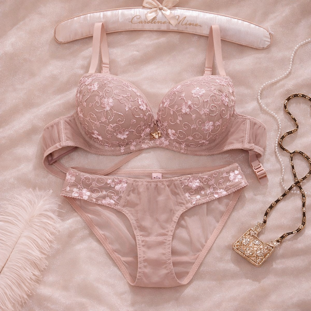 Luxurious Embroidered Bra Panty Set- Nude Pink 405