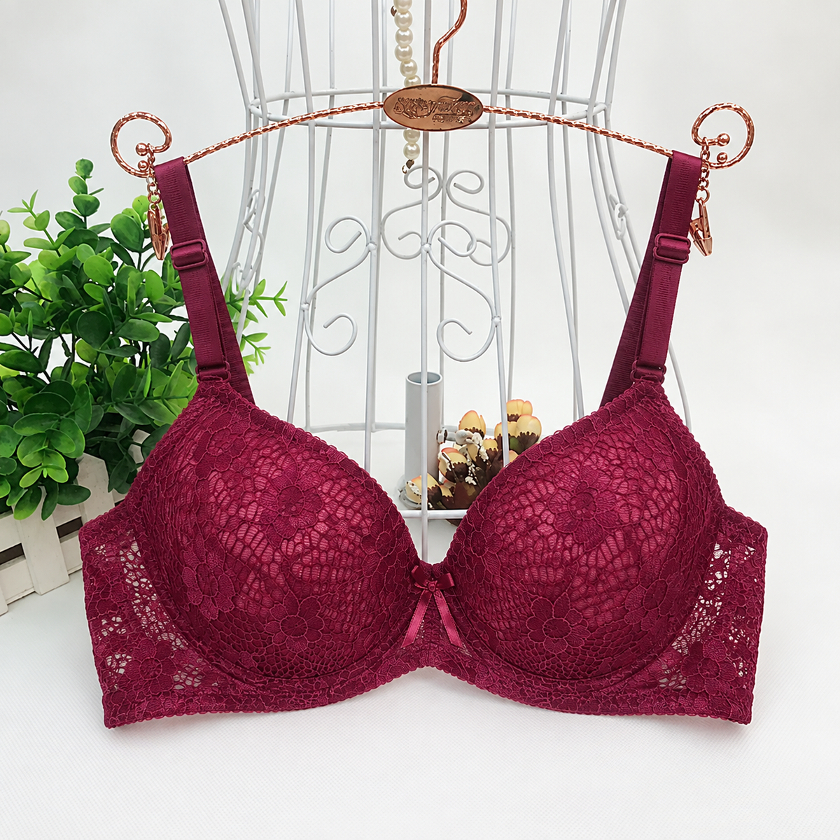 Maroon Floral Lace Padded Bra A5-D5