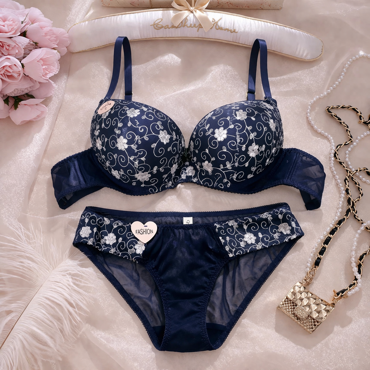 Luxurious Embroidered Bra Pany Set - Navy 404