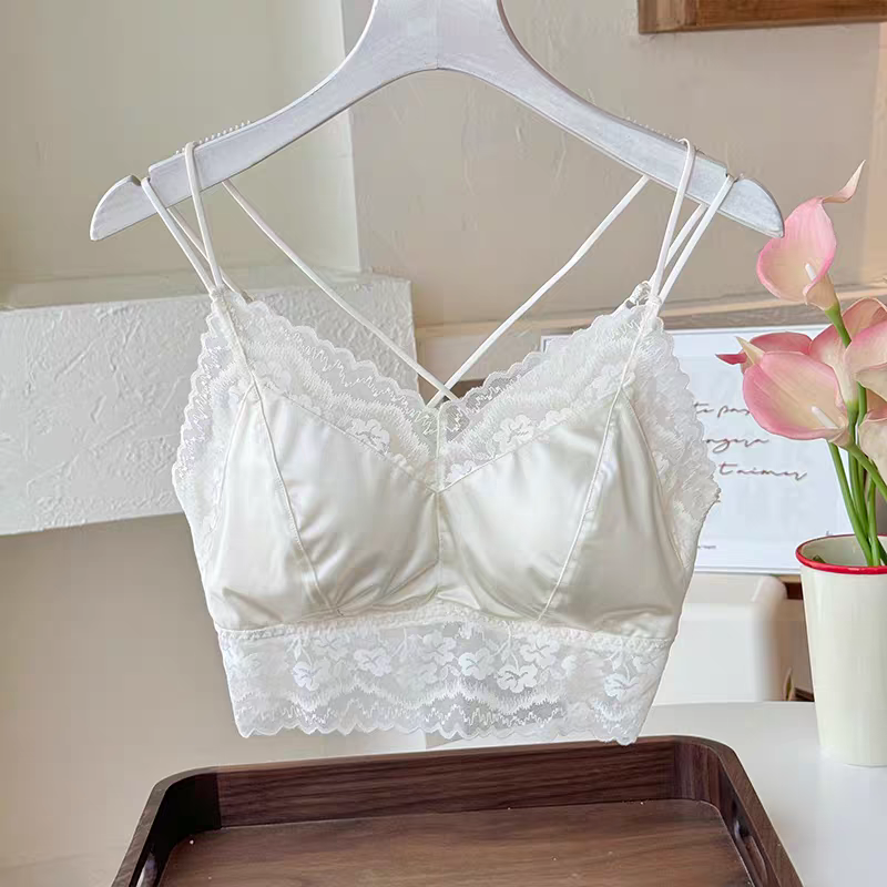 Elegant Lace Satin Bralette -Cream White 444