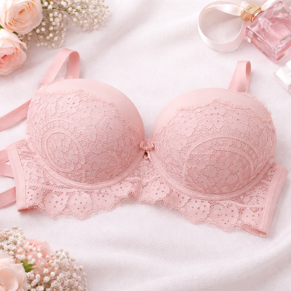 Baby Pink Lace Push Up Bra – Padded Underwire Floral Design for Women 431